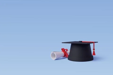 3d Vector Graduate cap with diploma on blue, student and education concept. Stock Illustration