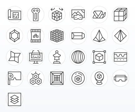 3D Vector Graphics featuring 25 Regular Line Pixel Optimized 64x64 Designs Stock Illustration