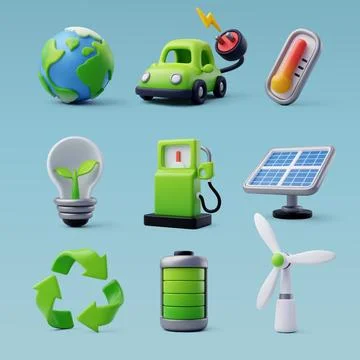 3d Vector Green Energy icon set, Green Energy, Clean Energy. Stock Illustration