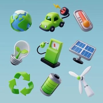 3d Vector Green Energy icon set, Green Energy, Clean Energy. Stock Illustration