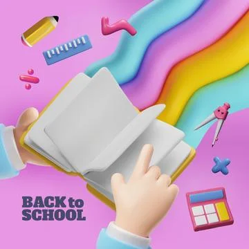 3D vector of hand flipping through book with school supplies and rainbow イラスト素材