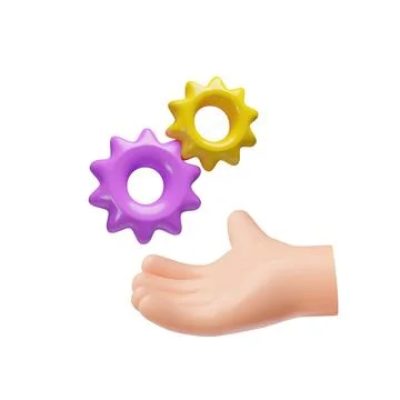 3D vector of hand holding two gears in purple and yellow. イラスト素材