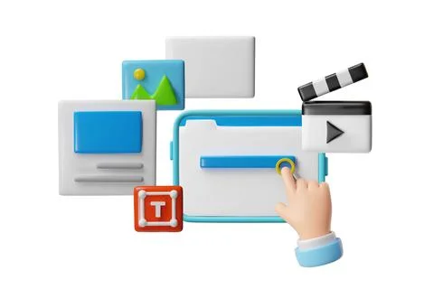 3D vector of hand pressing on search page screen, with video and web page Illustrazione stock