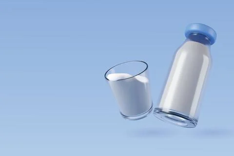 3d Vector High calcium and low sugar milk bottle and glass on blue, healthy d Stock Illustration