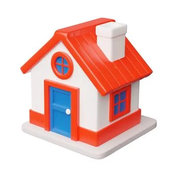 3D vector house icon in red blue colors with a round window, door, pipe, from Illustrazione stock