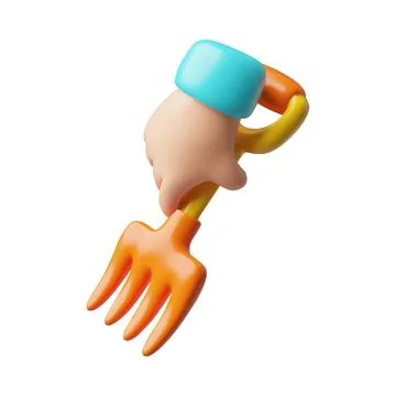 3D vector of human hand holding rake, orange with short metal handle. Illustration