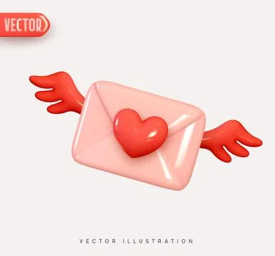 3d vector icon envelope letter with wings, mail letter with red heart. Realis Illustrazione stock