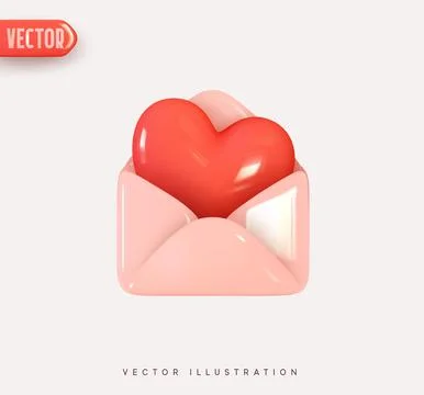 3d vector icon open envelope letter, mail letter with red heart. Realistic .. Stock Illustration