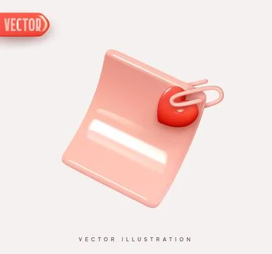 3d vector icon paper sheet, letter sheet pinned with paper clip and red heart 스톡 일러스트