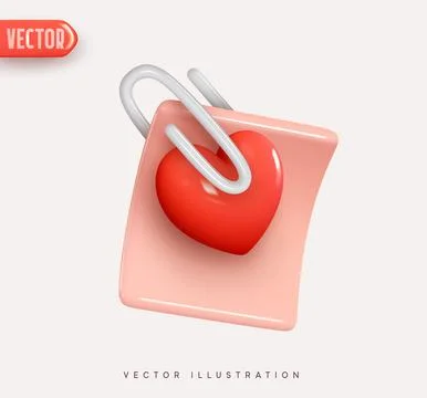 3d vector icon paper sheet, letter sheet pinned with paper clip and red heart Stock Illustration
