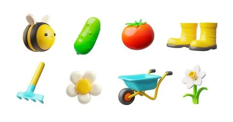 3D vector icon set of gardening, rake, wheelbarrow, bee, cucumber, tomato Illustrazione stock