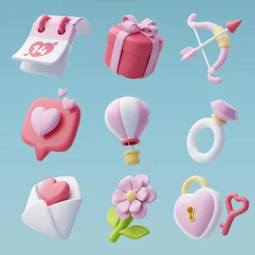 3d Vector icon set of Valentine's day and love anniversary, Valentine's Day. Stock Illustration