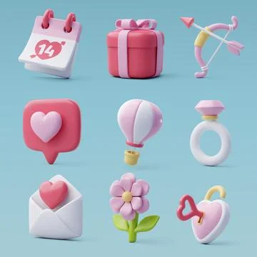 3d Vector icon set of Valentine's day and love anniversary, Valentine's Day. Stock Illustration