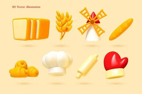 3D vector illustration of bakery icons Stock Illustration