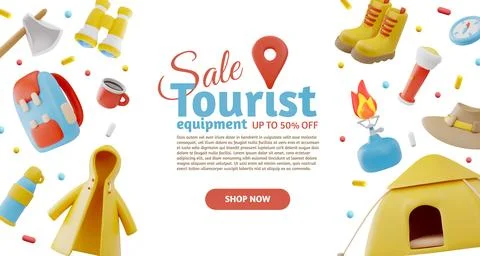3D vector illustration of a banner with discounts on camping gear. Stockillustratie