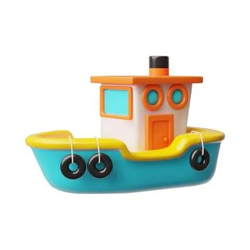 3D vector illustration of boat with orange and blue cabin, with lifebuoys 库存插图