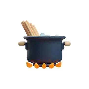 3D Vector illustration of a boiling black pan with spaghetti. Illustrazione stock