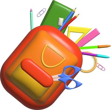 3D Vector Illustration of Colorful School Backpack with Stationery Supplies Stock Illustration