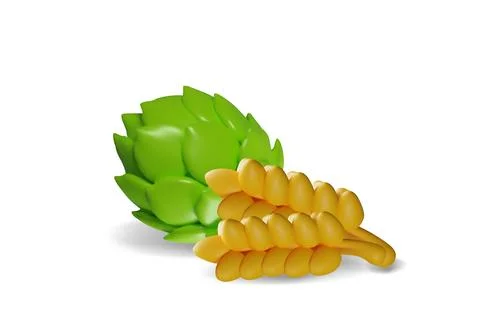 3d vector illustration of green beer hops and yellow wheat. Stock Illustration