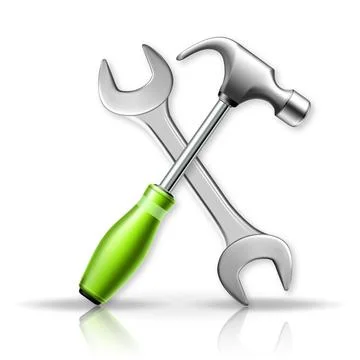 3d vector illustration. Hammer and wrench. Isolated Master tools on white bac Stock Illustration