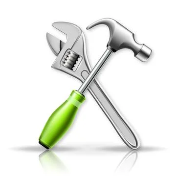 3d vector illustration. Hammer and Adjustable wrench. Isolated Master tools o Stock Illustration