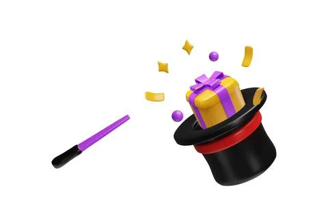 3D vector illustration of a magician's hat with a gift box and a magic wand. Ilustração Stock