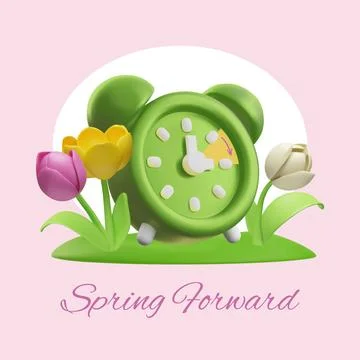 3D vector illustration of a poster with a green alarm clock and tulips. Illustrazione stock