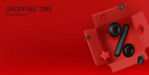 3D vector illustration of a red open boxes with percent and discount symbols Stock Illustration