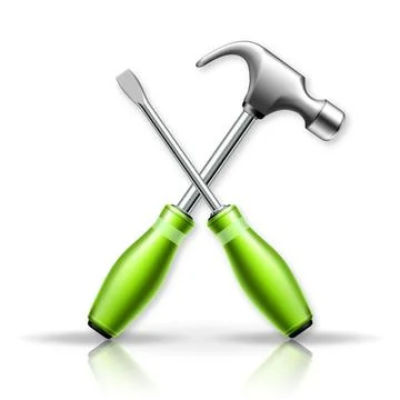 3d vector illustration. Screwdriver and hammer. Isolated Master tools on whit Stock Illustration