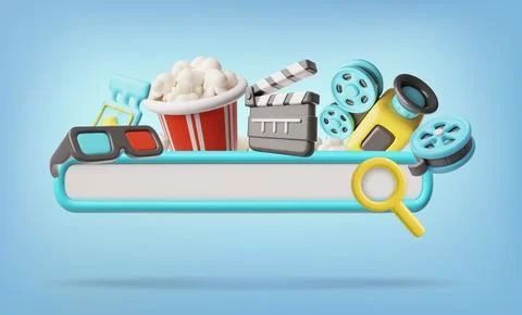 3D vector illustration with search bar and movie attributes. 스톡 일러스트