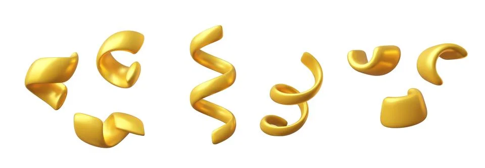 3D vector illustration set with gold ribbons and plasticine spirals on a white Stock Illustration