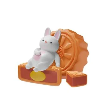 3D vector illustration of a sleeping white rabbit stuffed with a large moon cake Ilustração Stock