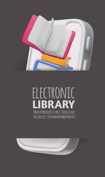 3d vector illustration of smartphone displaying stack of books on screen. Stock Illustration