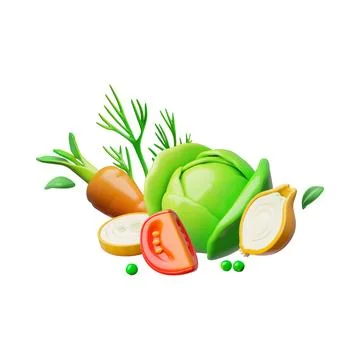 3D vector illustration of whole and sliced vegetables, cabbage, onion, carrot Stock Illustration