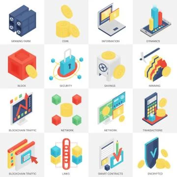 3d vector isometric Cryptocurrency mining and Blockchain icons set. Stock Illustration