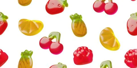 3D vector jelly candies of different fruit shapes in seamless wallpaper. Stock Illustration