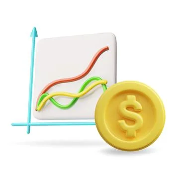 3D Vector Line Graph for Data Analysis with Gold Coin. Stock Illustration
