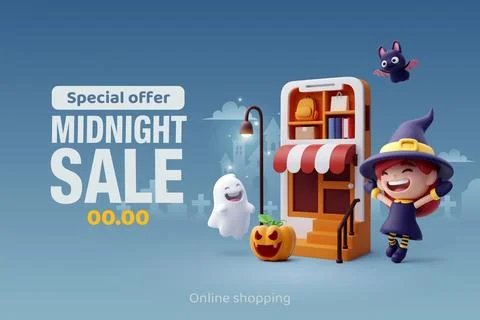 3d Vector of little adorable witch surprise with smart phone shopping app. Stock Illustration