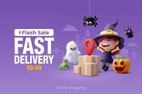 3d Vector of little adorable witch surprise with parcel at flash sale. Stock Illustration