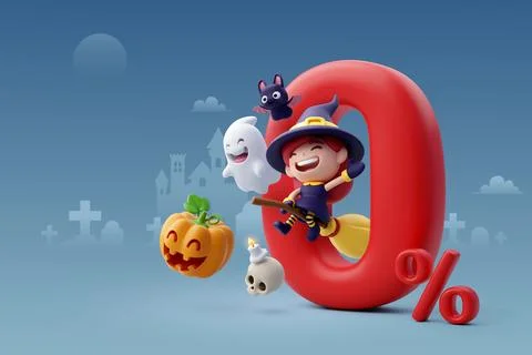 3d Vector of little adorable witch surprise with zero percent. Stock Illustration