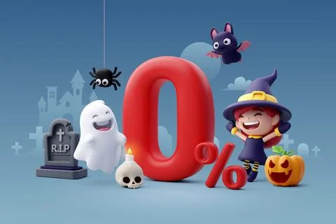 3d Vector of little adorable witch surprise with zero percent. Stock Illustration