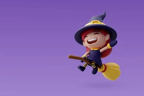 3d Vector Little flying witch, Happy Halloween, Halloween holiday concept. Stock Illustration