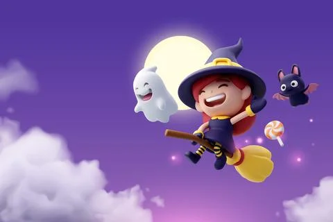 3d Vector of little witch and bat are flying with ghost in sky at night, Stock Illustration