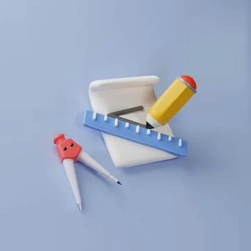 3D vector of math tools: pencil, ruler, compass, sheet of paper. Stationery. Stock Illustration