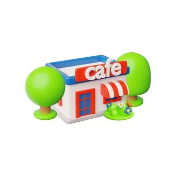 3D vector mockup of coffee building with signboard, trees and flowerbeds. Ilustración de archivo