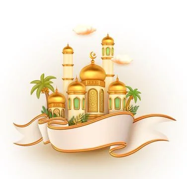 3d vector mosque buildings with palm trees and clouds united by ribbon as b.. Illustrazione stock