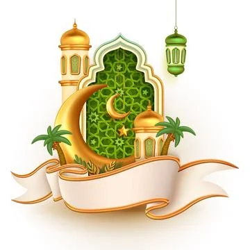 3d vector mosque dome, crescent moon, patterned windows, lanterns and palm .. 스톡 일러스트