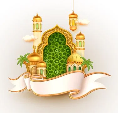 3d vector mosque, dome patterned window, lantern and palm trees united by r.. 스톡 일러스트