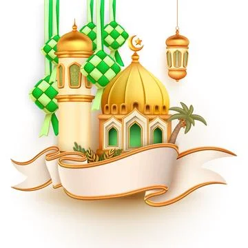 3d vector mosque, ketupat, lanterns and palm trees united by ribbon as beau.. Stock Illustration