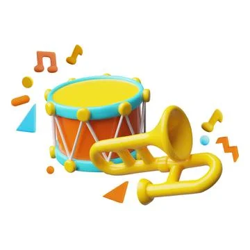 3d vector musical instruments, drum, trumpet, notes. Stock Illustration